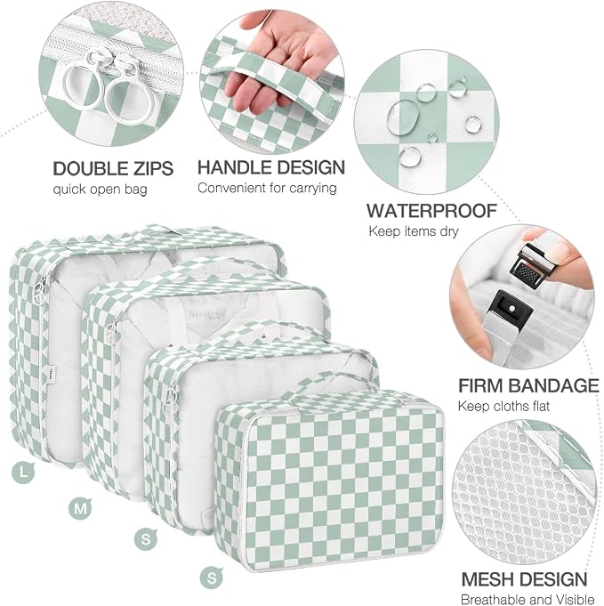 8 Set Packing Cubes for Suitcases,Suitcase Organizer with Shoe,Cosmetics,Clothing, and Accessories Bags for Travel Luggage Organizer Women Men(Green Checkered) - Image 3