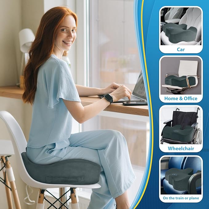 BlissTrends Memory Foam Seat Cushion for Office Chair & Car Seat, DarkGreen | 4.7in Ergonomic Tailbone & Sciatica Support with Removable Velvet Cover for Pressure Relief and Long Sitting Comfort - Image 6