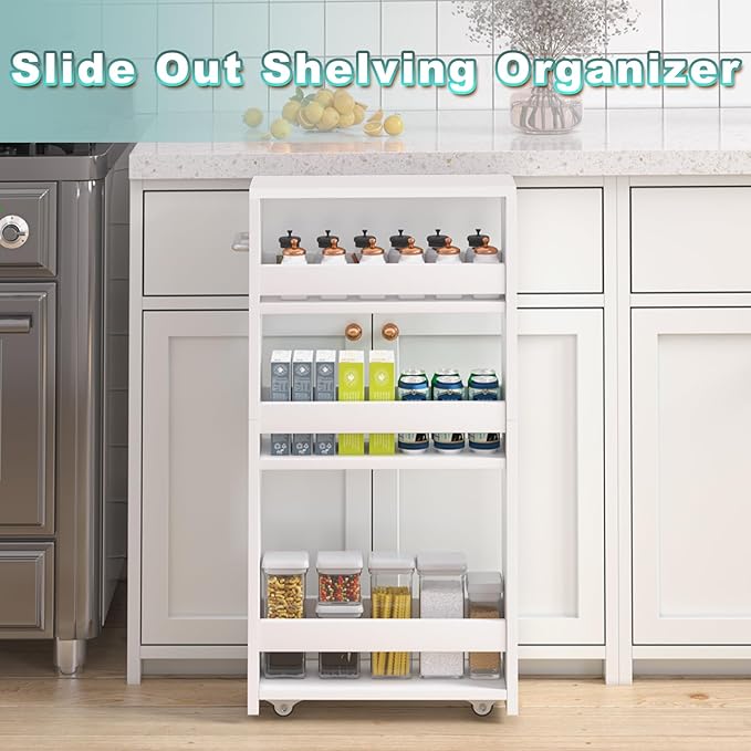 MARTY Slim Rolling Storage Cart, Wood Utility Kitchen Bathroom Laundry Cart | 4 Tier Kitchen Cart with Wheels Handle, Laundry Room Organization, Narrow Bathroom Storage Cabinet, 5.5" Wide Storage Trolley - Image 3