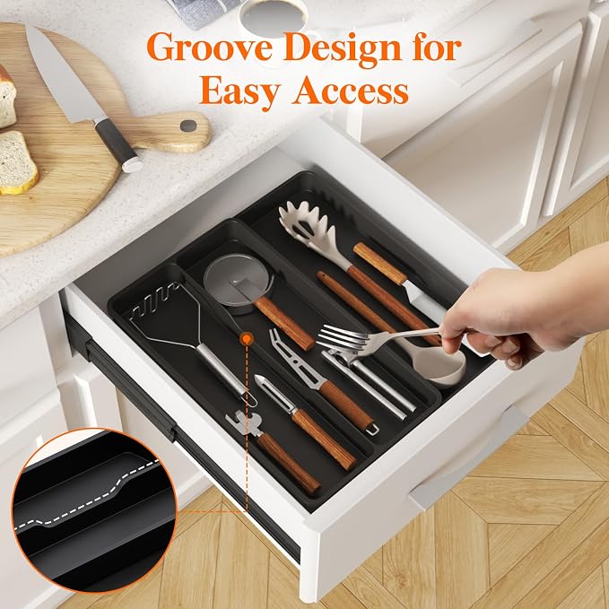 Lifewit Utensil Organizer for Kitchen Drawer, Expandable Cooking Tray | Adjustable Cutlery Flatware Holder, Plastic Silverware Spatula Tools Storage Divider, 8.9-14.4 x 15.8", Black - Image 9