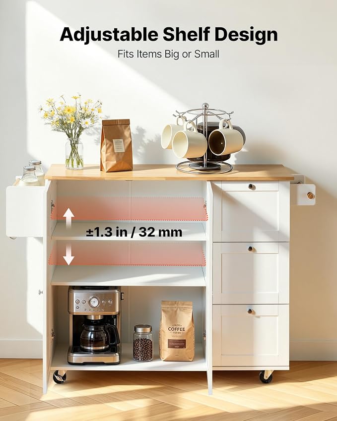 VEVOR Kitchen Island Cart, 45.3x39 inch Rolling Kitchen Table, Mobile Carts with Storage Cabinet and Solid Wood Top, Portable Islands with Wheels, Spice Rack, Towel Rack, Drop Leaf and Drawer, White - Image 7