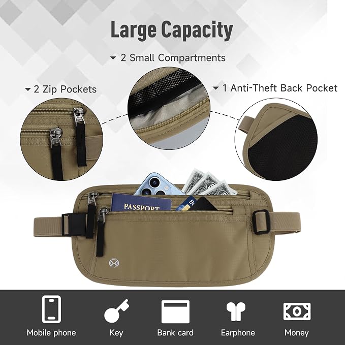 FuninCrea Waterproof Hidden Money Belt for Travel, Anti-Theft Belt Bag with RFID Blocking Function Adjustable Slim Waist Bag with 2 Zipper Pockets and 1 Back Pocket for Travel Running (Style 2, Black) - Image 3