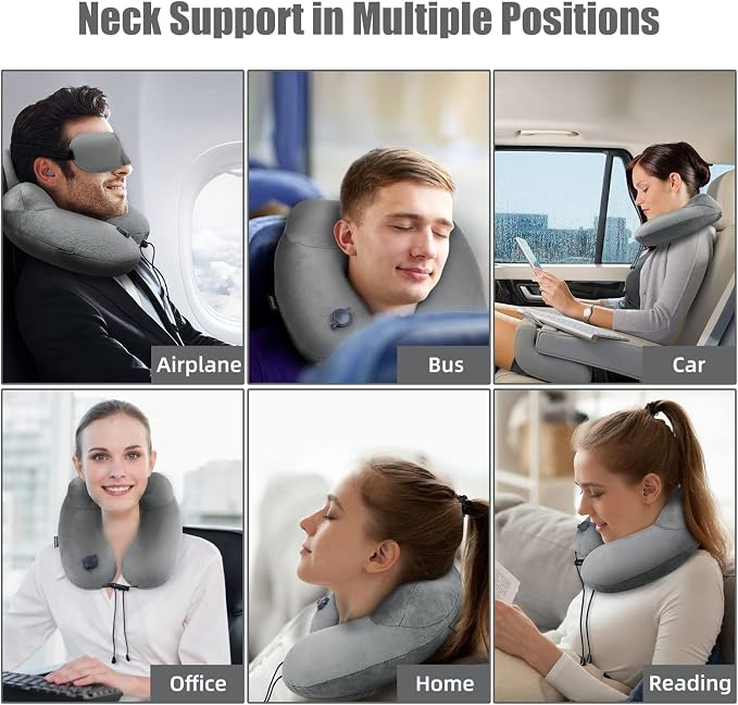 Inflatable Travel Neck Pillow for Airplanes, Super Soft Velvet Neck Support, Adjustable Firmness, Blow Up Plane Pillow for Long Flights, Road Trips, Travel Essentials with Eye Mask, Earplug - Image 6