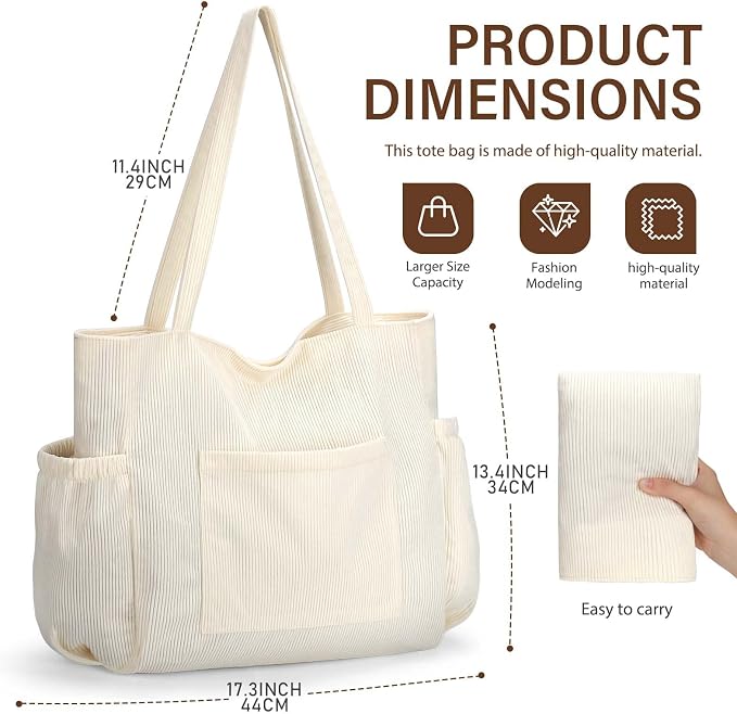 Corduroy Tote Bag for Women,Large Capacity Cute Tote Bags With 6 Pockets,Crossbody Shoulder Handbag for Work Travel Gym - Image 7