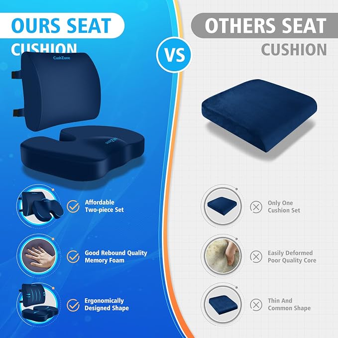 CushZone Seat Cushion and Lumbar Support Pillow for Office Chair, Blue | Ergonomic Memory Foam for Sciatica Pain Relief & Posture Correction, Non-Slip Chair Cushions for Car, Wheelchair and Travel - Image 7