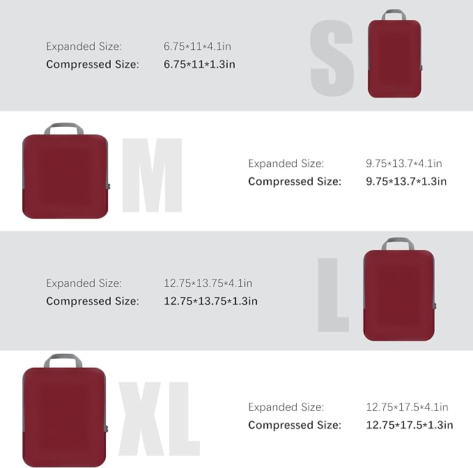 4 Set Compression Packing Cubes Travel - Travel Accessories Expandable Packing Organizers for Carry On - Essentials Luggage Bags - Burgundy - Image 5