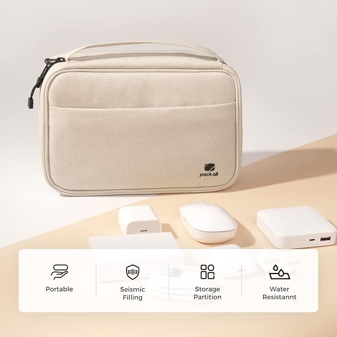 pack all Electronic Organizer Plus, Shockproof Cable Organizer Bag | Large Capacity, Water-resistant, Portable & Durable, Travel Tech Pouch for Chargers, Phones, USB Cords, Beige - Image 2