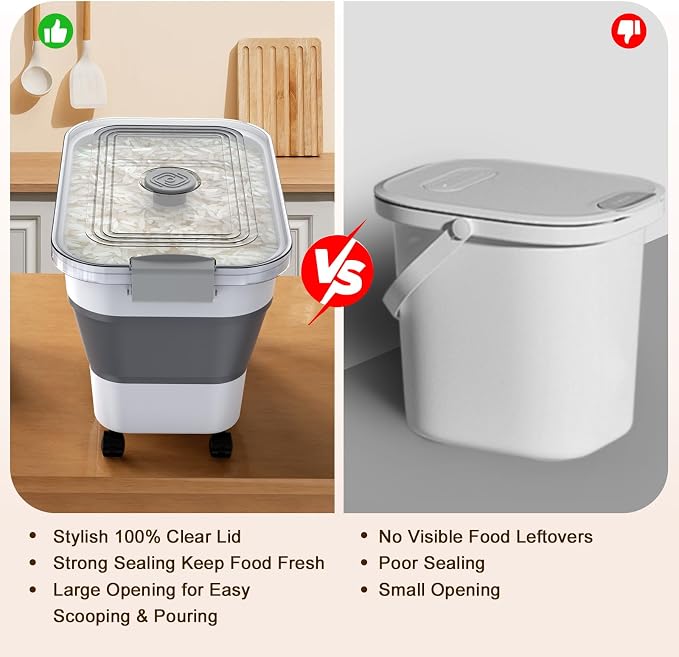 Rice Storage Container, Collapsible Airtight Food Storage Containers 20-30lbs with Clear Lid and Wheels, Rice Dispenser with Scoop for Flour Cereal Pasta Grain, Cat Pet Bird Dog Food Storage Container - Image 5