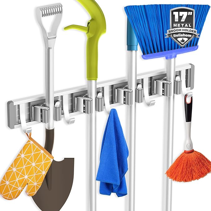 reliahom Broom Holder Wall Mount Mop Hanger Tools organizer 4Racks 5Hooks | Adjustable Mop Broom Wall Hanging Heavy duty Tools Storage Rack Space-saving for Garage,Kitchen,Laundry Room,Garden, Silver by reliahom