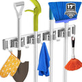 reliahom Broom Holder Wall Mount Mop Hanger Tools organizer 4Racks 5Hooks | Adjustable Mop Broom Wall Hanging Heavy duty Tools Storage Rack Space-saving for Garage,Kitchen,Laundry Room,Garden, Silver by reliahom