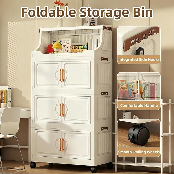 217QT Stackable Storage Bins with Lids & Rack, 5 Tier Large Capacity Foldable Storage Cabinet, Clear Collapsible Pantry Organizer for Home, Kitchen, Bathroom, Dorm, Office, White - Image 6