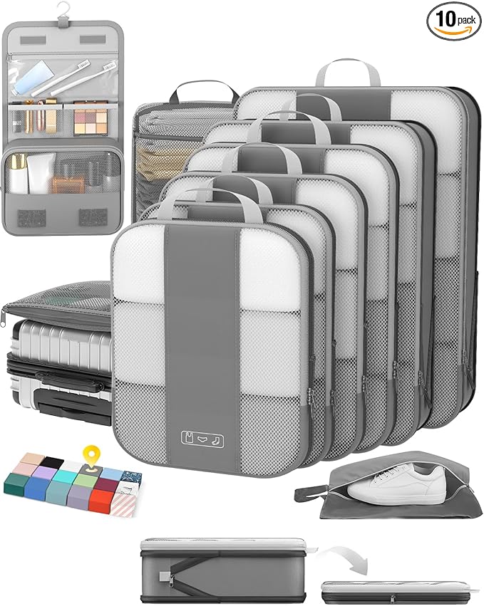 OlarHike 10 Set Compression Packing Cubes for Travel Essentials,Compressible Expandable Space Saver Bags for Organizing Clothes,Luggage Suitcase Garment Bags with Over 1000 pcs Mesh Holes(Gray) by OlarHike