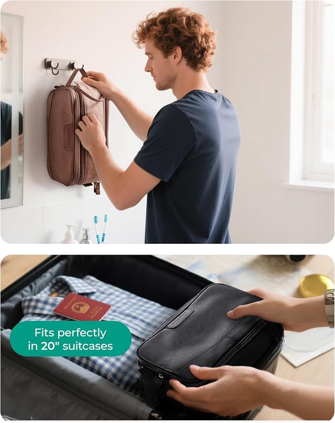 BAGSMART Medium Toiletry Bag for Men, PU Leather Water Resistant, Camel | High-gloss, Travel Bag for Toiletries, Dopp Kit, Shaving Bag for Bathroom Shower - Image 7