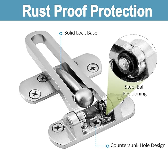 Door Lock Latch Swing Bar Door Guard Latch Home Hotel Lock Silver | SUS-304 Stainless Steel Door Chain Lock Gate Reinforcement Swing Latch for Hinged Swing-in Front & Inside Door Fence Security - Image 4