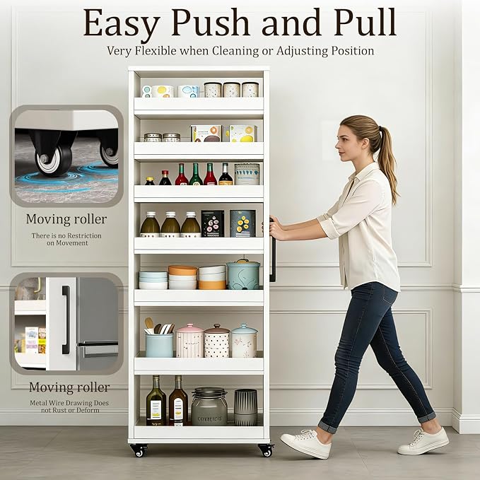 Rolling Spice Rack Next To Side Of Fridge Storage Slim Narrow Shelf Lightweight 7 Tier Wooden Storage Cart For Kitchen , Dining Room, Bathroom, Small Spaces (White, 72.4"H x 9.8"W x 21.6"D) - Image 3