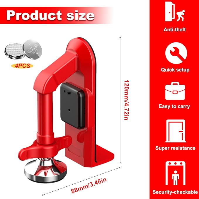 Portable Alarm Door Stopper - 80dB Anti-Theft Security Alarm Door Stoppers for Bottom of Door, Adjustable and Easy to Install for Home, Office, and Travel, Door Security Devices (Red) - Image 3