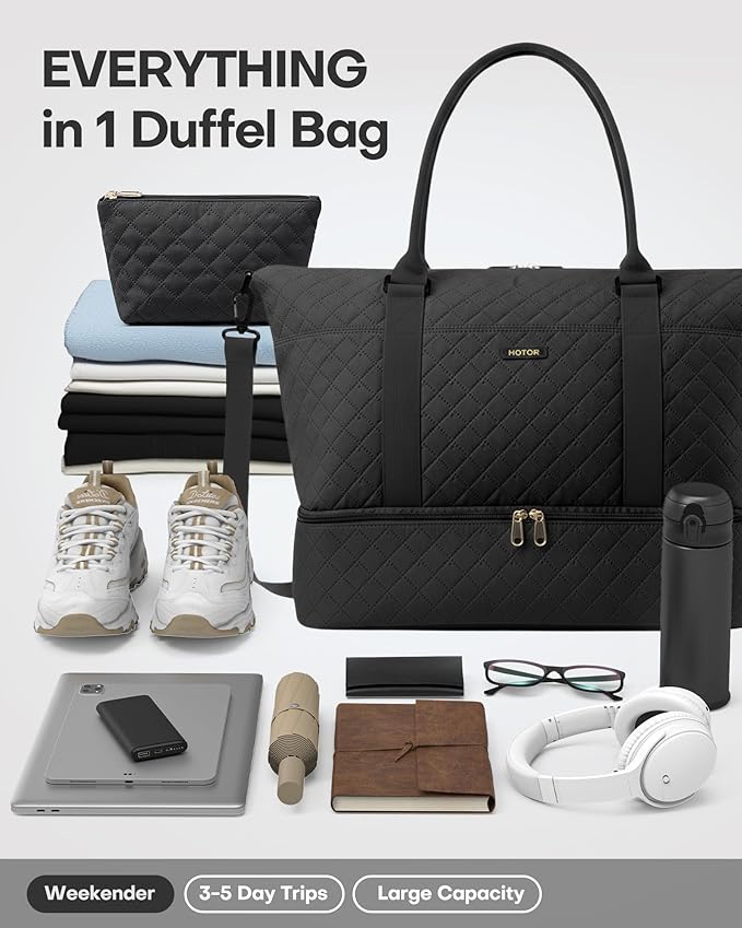 HOTOR Travel Duffel Bag - Weekender Bags for Women, Carry On Gym Tote Bags | with Toiletry Bag & Shoe Compartment, Overnight Bag for Travel Essentials and Travel Accessories, Black, 15.8"×18.1"×8.7" - Image 4