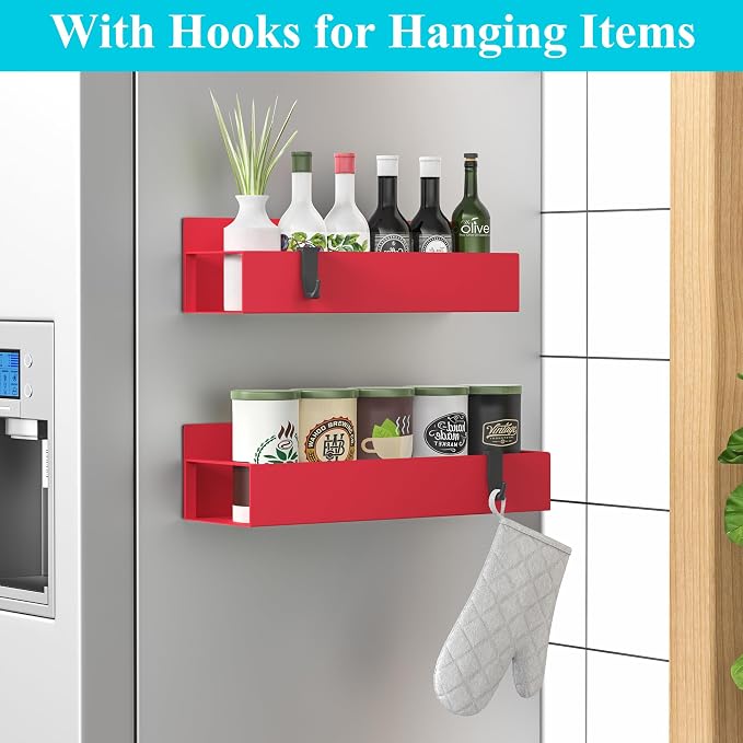 HuggieGems 2 Pack Magnetic Spice Storage Rack Organizer for Refrigerator and Oven, Red Fridge Organizers and Storage | Magnetic Shelves Heavy Duty for Fridge in Kitchen, Seasoning Storage Organizer, For Oven Washer and Dryer, For Heavier Items - Image 2