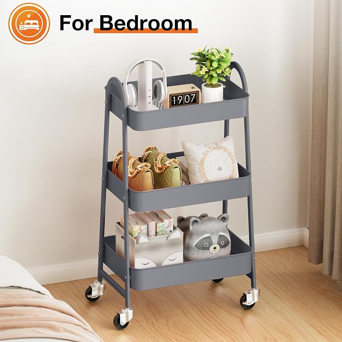 NEWBULIG 3-Tier Metal Rolling Storage Utility Cart with Lockable Wheels | Mobile Organizer Shelf, Space-Saving, Freestanding, Bathroom, Living Room, Slim, Narrow Corner Spaces, Grey - Image 6