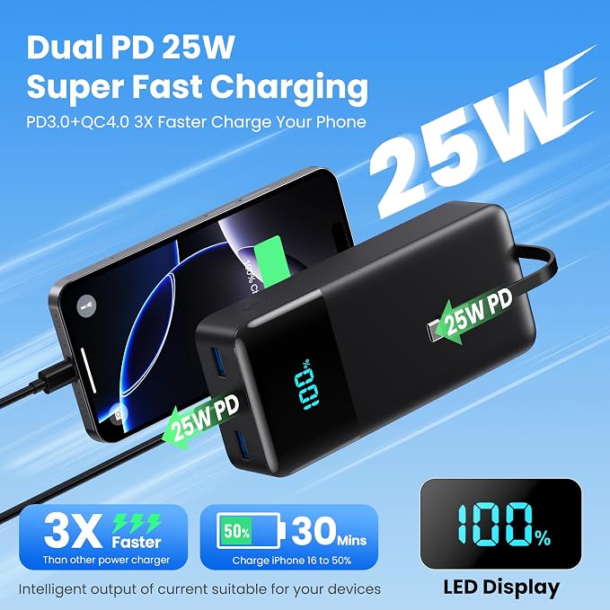 Portable Charger 70800mAh Power Bank with 3 Built-in Cable,25W PD USB C Power Bank Fast Phone Charging,QC4.0 Travel Outdoor Essential Portable Phone Battery Pack for iPhone 17/16/15/14,Galaxy Android - Image 3