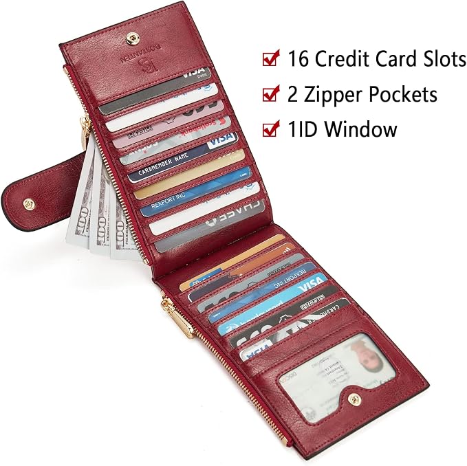 BOSTANTEN Leather Womens Wallet Large RFID Blocking Slim Card Holder | 16 Card Slots, 2 Zipper Pockets, Bifold, Long, Fits Most Purses, Organized Everyday Carry, Ladies Gifts, Wine-Red - Image 3