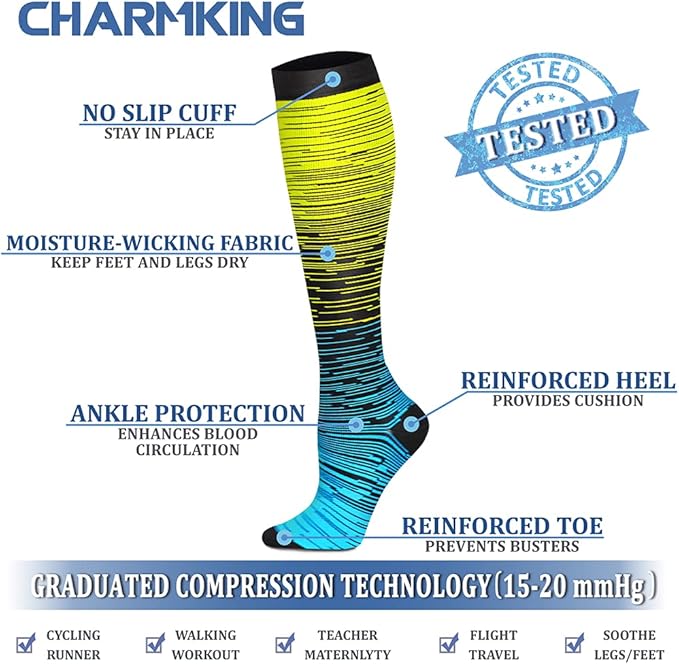 CHARMKING Compression Socks for Women & Men Circulation (8 Pairs) 15-20 mmHg Best Calf Socks Support for Athletic Cycling - Image 4