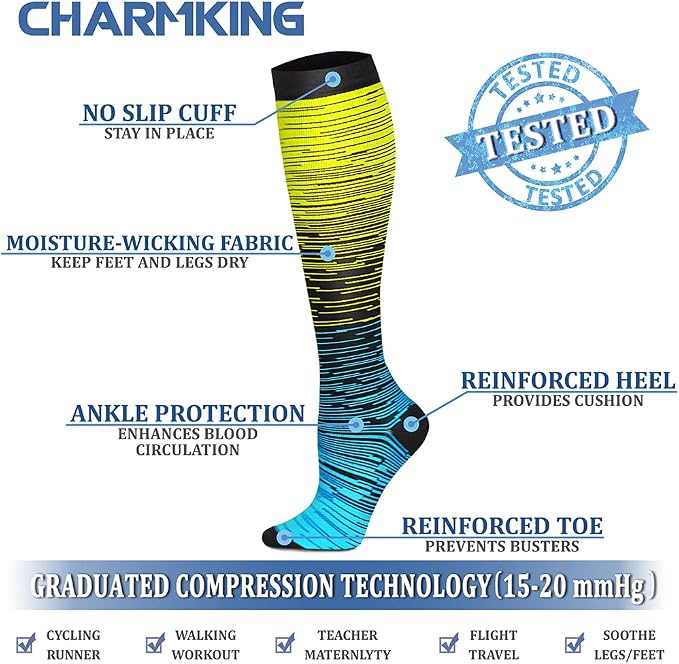 CHARMKING Compression Socks for Women & Men Circulation (8 Pairs) 15-20 mmHg Best Calf Socks Support for Athletic Cycling - Image 4
