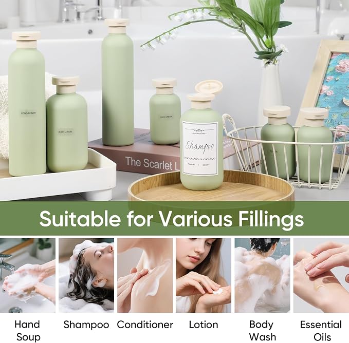 DEMORA 6.6oz Travel Bottles for Toiletries, Larger Plastic Travel Squeeze Bottles Leak Proof Refillable Toiletry Containers with Flip Caps and Labels for Shampoo Conditioner Lotion (Green, 4 Pcs) - Image 5