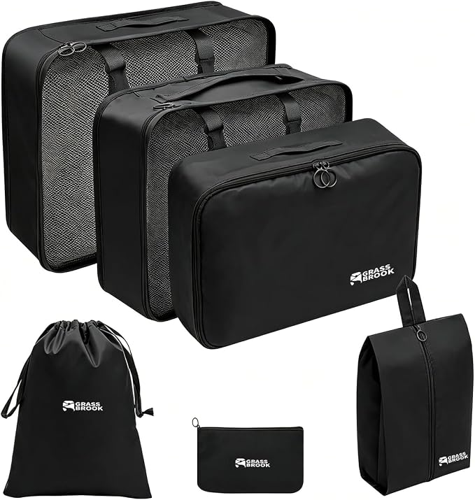 6 Set Packing Cubes, Luggage Packing Organizers for Travel Accessories, Carry on Suitcase Organizer Bags, Travel Essentials Luggage Accessories for Cruise Ship (Black) by GRASSBROOK