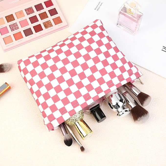 SOIDRAM 2 Pcs Checkered Makeup Bag Large Cosmetic Bag Toiletry Bag Makeup Pouch Travel Bag Organizer Cute Makeup Brushes Aesthetic Accessories Storage Bag for Women Peach Pink - Image 7