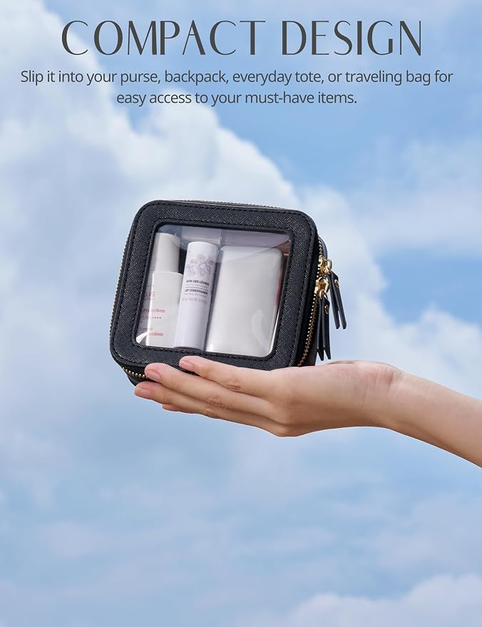 Clear Makeup Bag with Zipper, Set of 2, Mini and Medium, Black | Clear Travel Bags for Toiletries, Structured Cosmetic Case for Women, Waterproof PU Leather, Wide Open Portable Car Organier - Image 6