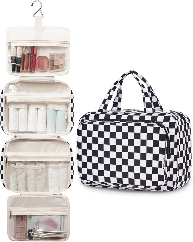 Narwey Travel Toiletry Bag for Women Large Hanging Makeup Bag Organizer Toiletries Bag for Full Size Essentials Accessories Cosmetics (Black Checkerboard (Large)) - Image 4