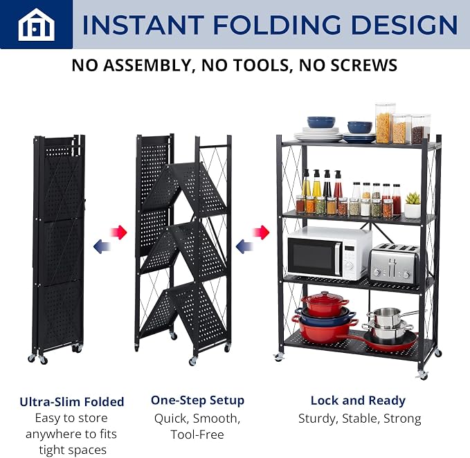 4 Tier Foldable Storage Shelf with Wheels, Collapsible Metal Rack Shelving Unit, No Assembly Required, Rolling Cart Shelf Rack Organizer for Books, Garage, Kitchen, Closet, Pantry, Exhibition, Black - Image 4