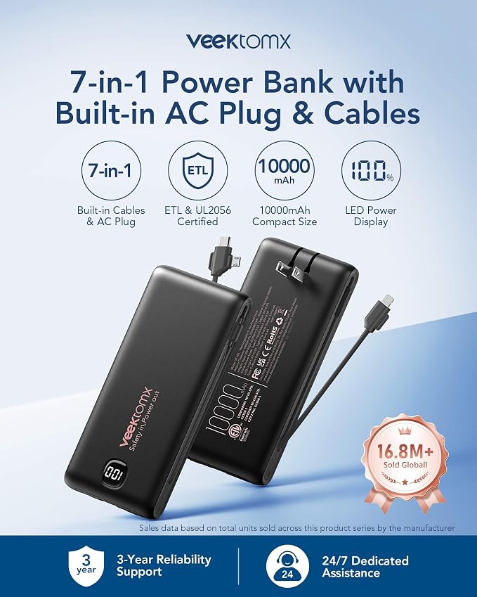 VEEKTOMX Portable Charger with Built-in Cables and AC Wall Plug, 10000mAh | Pocket-Size Travel Power Bank with USB-C and Micro-USB Cables for up to 4 Devices Including iPhone, iPad, Samsung, jet black - Image 2