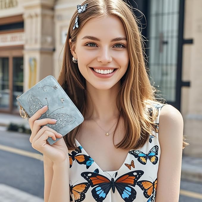 KITEVIUN Women RFID Blocking Small Bifold Wallet, Compact Cash Clutch with Zipper Coin Pocket, Glittery Butterfly Design, Credit Card Holder, Travel Purse with Tassel BLUE - Image 2