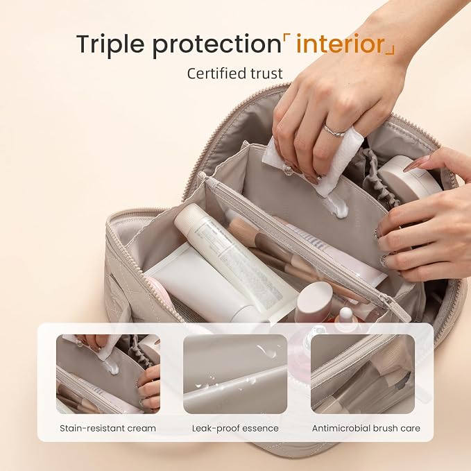 LOVEVOOK Travel Makeup Bag for Women, 2Pcs Puffer Waterproof Cosmetic Organizer, Large Capacity Pouch Open Flat Small Toiletry Bag with Brush Compartment & Handle (Light khaki, Medium) - Image 3