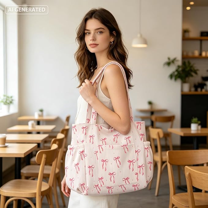 Corduroy Tote Bag for Women,Large Capacity Cute Tote Bags With 6 Pockets,Crossbody Shoulder Handbag for Work Travel Gym - Image 3