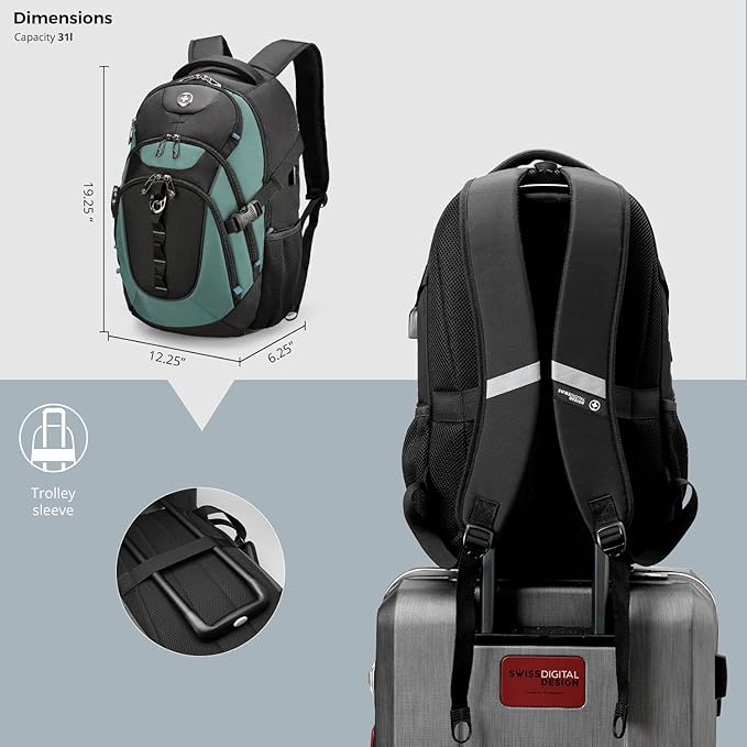 Swissdigital Design Laptop Backpack with USB Charging Port, Travel Backpack Fits 15.6 inches Computer, 31L College School Backpack for Men, Lake Green/Black | SD803-27 - Image 6
