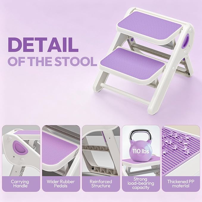 Foldable Toddler Step Stool for Bathroom Sink, Toilet, Bedroom, Kitchen – Non-Slip, Space-Saving, BPA-Free, Supports 110 lbs, Kids Step Stool (Lavender) - Image 8