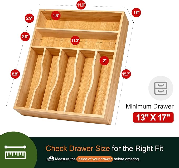 Kitchen Bamboo Silverware Organizer, Kitchen Drawer Organizer - Utensil Holder and Cutlery Tray with Grooved Drawer Dividers for Flatware 7 Slot, Natural - Image 2