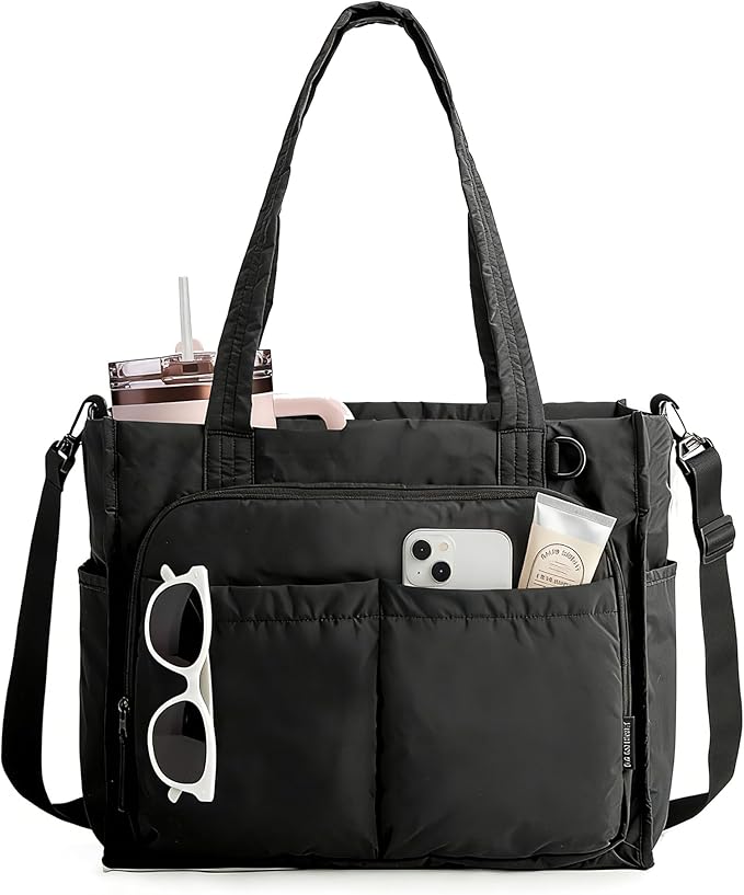 BAGSMART Tote Bag for Women, Puffy Laptop Work College Shoulder Handbag | 30oz or 40oz Tumbler Holder with Crossbody Strap, 13 inch or 15.6 inch Laptop Sleeve, Water Resistant Puffer Teacher Tote Bag by BAGSMART