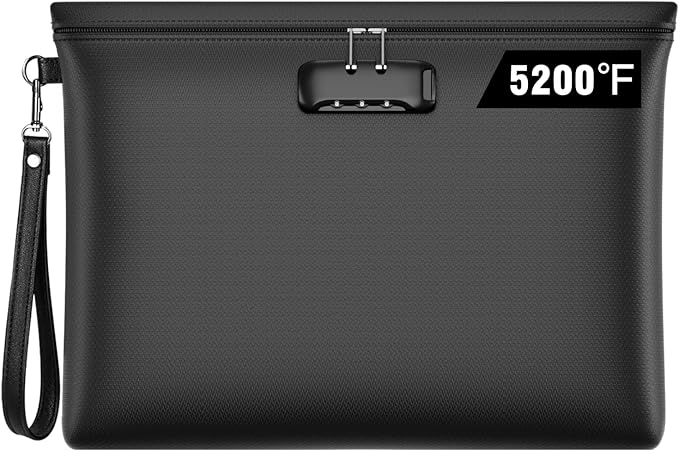 5200℉ Fireproof Document Bag with Lock,Money Pouch,14.3"x10.2" | Waterproof,Zipper Closure, Portable Safe Storage for Letter Size Files, Cash, Cell Phone, Tablet, Card, Passport, Black by ZOOPIP