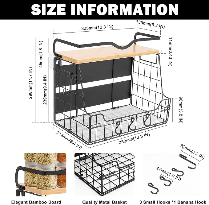 Livabber Magnetic Fridge Organizer Basket with Wood Shelf, Large Fruit Vegetable Storage Bin, Spices Snacks Condiments Rack for Kitchen Pantry, Laundry Room, Office, Magnetic or Wall Mount (Black) - Image 2