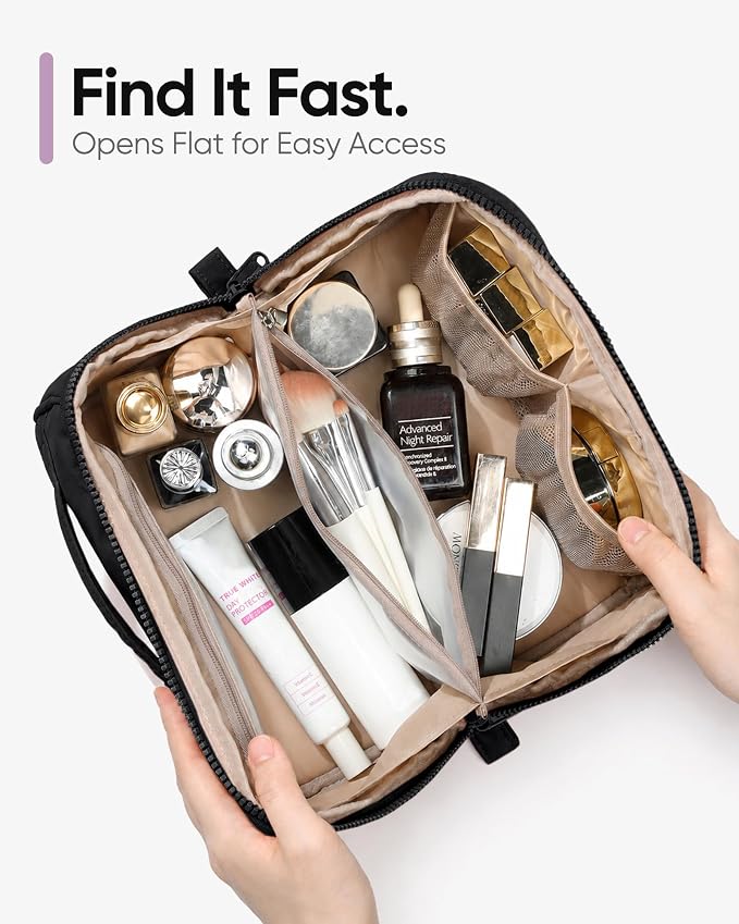 NISHEL Travel Makeup Bag Organizer Pouch Open Flat Cosmetic Case Brush Slot | Open-flat design keeps cosmetics, brushes, and beauty tools organized for travel and daily routines, Medium, Black - Image 5