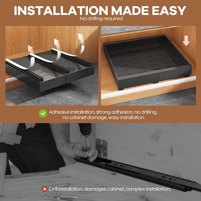 Seinloes 6Pack Expandable Pull Out Cabinet Organizer 21"Deep with Raising Pad for Framed Cabinets,Slide Out Drawers with 4pcs Divider Racks,Roll Out Shelves Adhesive,Adjustable Width 12.05"-20.4"Black - Image 7