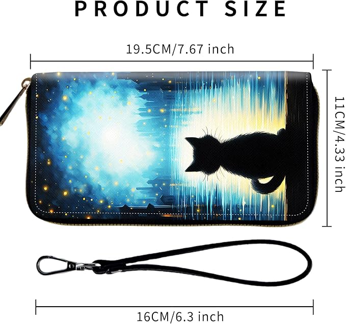 Wallet,Leather Long Wallet Suitable For Ladies And Teenagers - Detachable Wristband + RFID Travel Wallet With Card Slot - Black Cat - Image 2