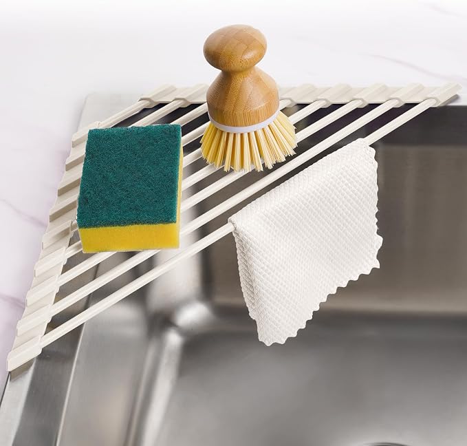 Tomorotec Triangle Roll Up Dish Drying Rack with Silicone Coating, White | 304 Stainless Steel with BPA-Free Silicone, Triangle Design Maximizes Sink Corner Space, Fits Compact Kitchens And RVs by Tomorotec