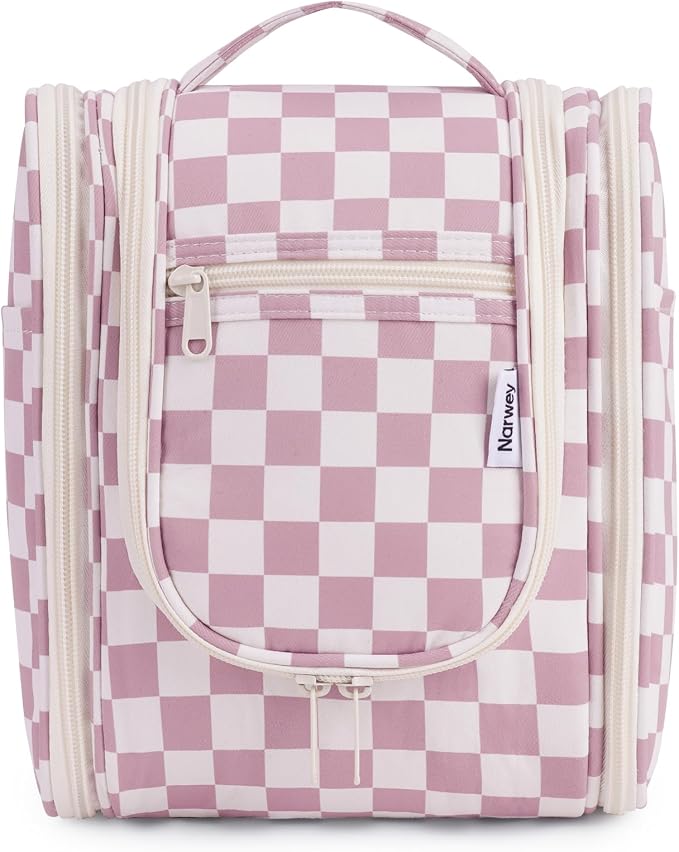 Narwey Small Checkered Hanging Travel Toiletry Bag for Women, Travel Bag for Toiletries, Makeup Bag Organizer Cosmetic Bags Make Up Bags for Women (Dusty Rose Checkerboard) by Narwey