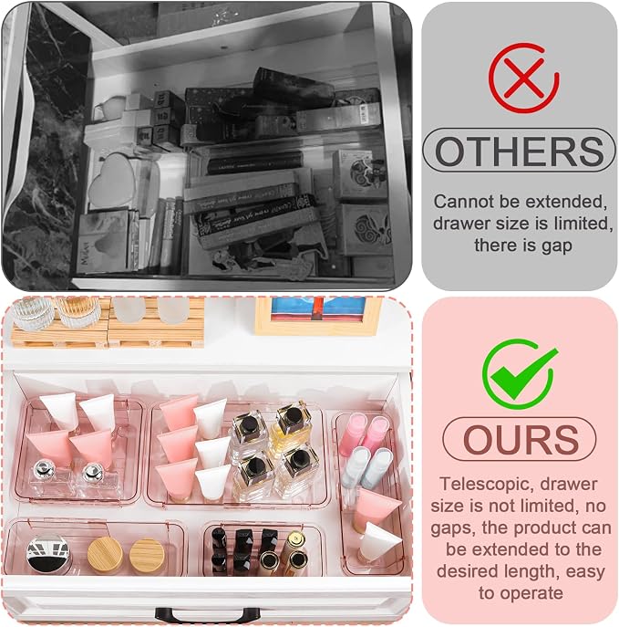 25 Pcs Clear Drawer Organizer, Adjustable Drawer Storage Box, 3-Size Desk Drawer Organizer, Acrylic Storage Bins for Makeup, Kitchen Utensils, Bedroom Dressers Tool Organizer for Gadgets, Pink - Image 4