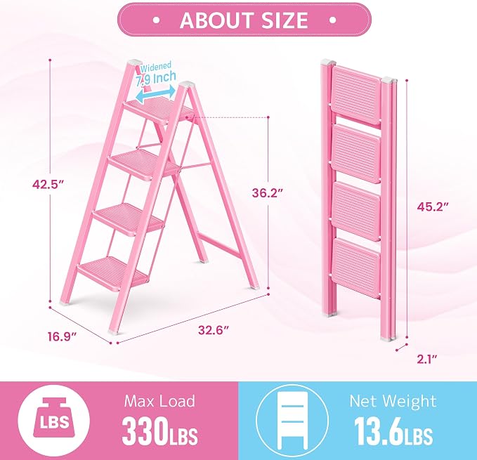 4 Step Ladder, Foldable Step Stool with Widened Pedal, Pink | Sturdy Carbon Steel, Anti-Slip Feet, Portable, 330LBS Capacity, Space Saving, for Kitchen, Bedroom, Pantry Use - Image 5